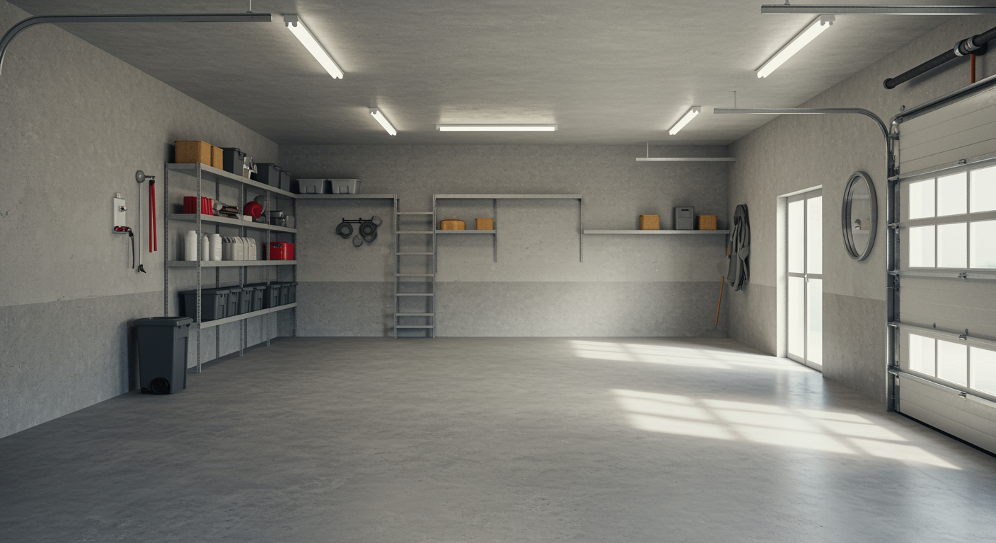 Spotless, organized garage after professional garage clearance, featuring clean shelves and a tidy open floor