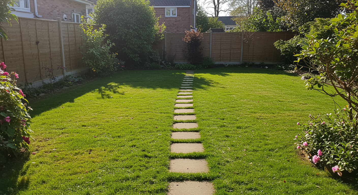 Spotlessly cleared garden with trimmed grass and tidy flower beds after professional garden clearance service