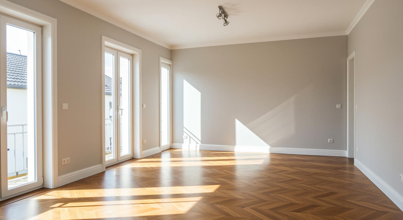 Spotlessly cleared living room after professional house clearance, with polished floors, empty space, and natural light