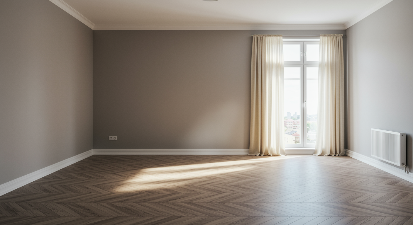 Spotless modern flat living room after professional flat clearance service, showing open space, clear floors, and natural lighting
