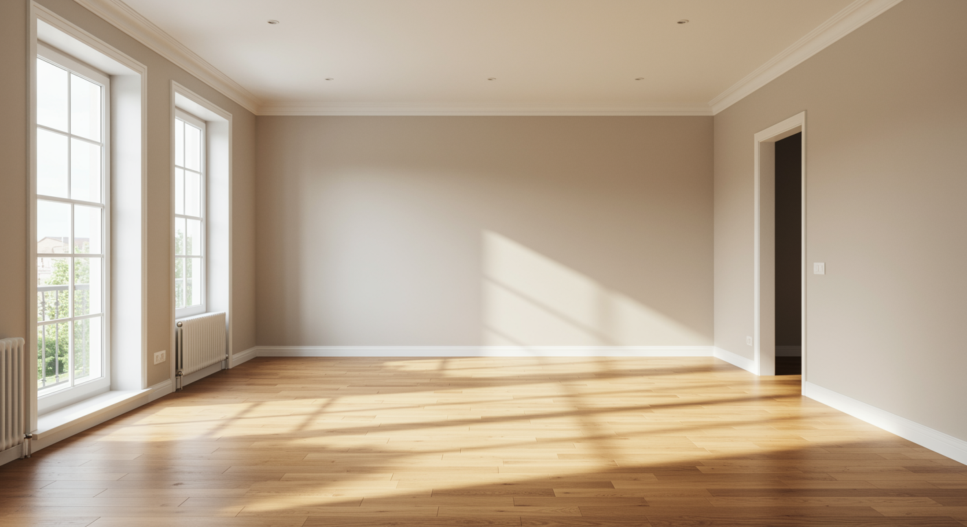 Clutter-free living room after professional hoarding clearance service with sunlight, clean floors, and empty tidy space