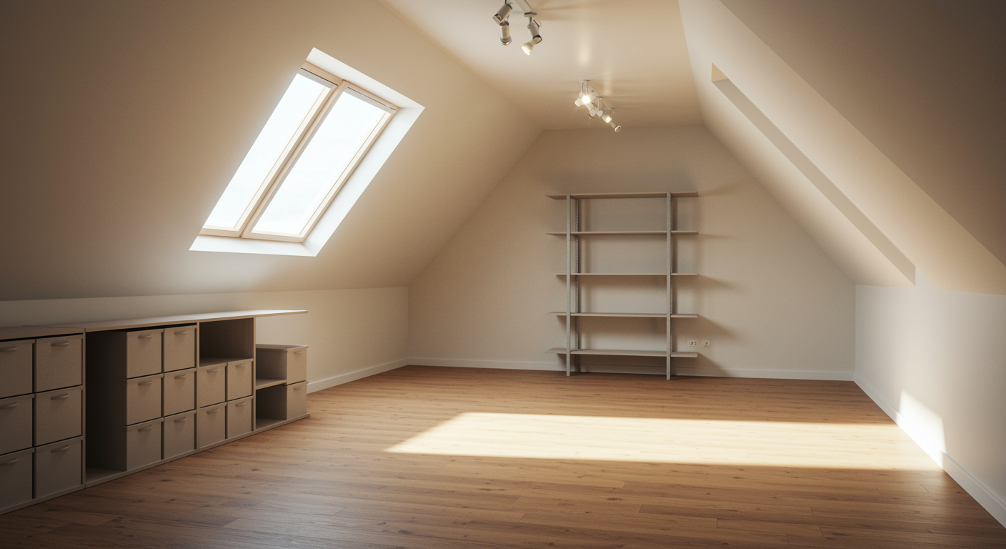 Clean and organized loft after professional clearance service with empty shelves and sunlight through window