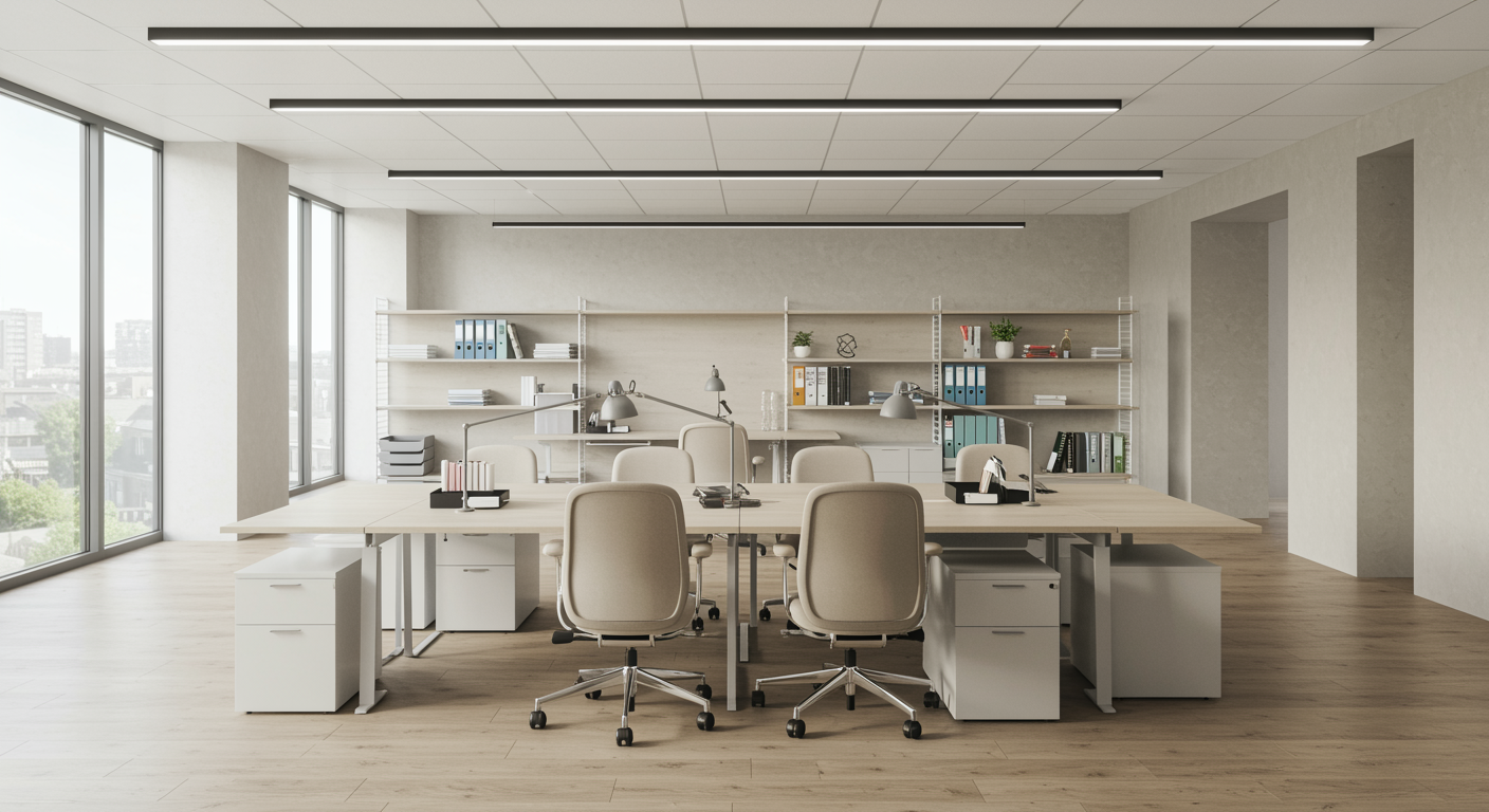 Cleared modern office with tidy desks, empty shelves, and clean flooring after professional office clearance service