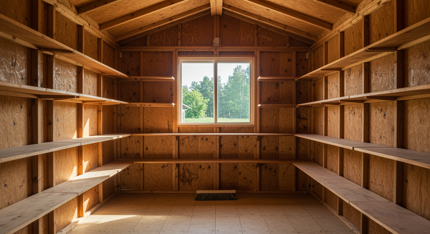 Clean and empty shed interior after professional clearance service with tidy shelving and swept floor