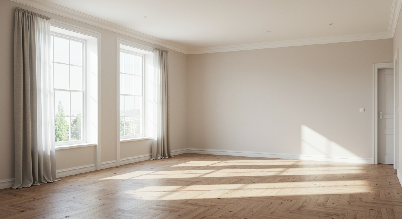 Spacious living room after sofa removal, showcasing spotless wood floors and natural light, ideal result after professional sofa disposal by a house clearance service